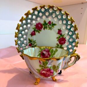 GC Japan Fine China Hand Painted 3 Footed Teacup and Reticulated Saucer